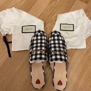 Gucci Princeton Gingham Mules, Size 38.5